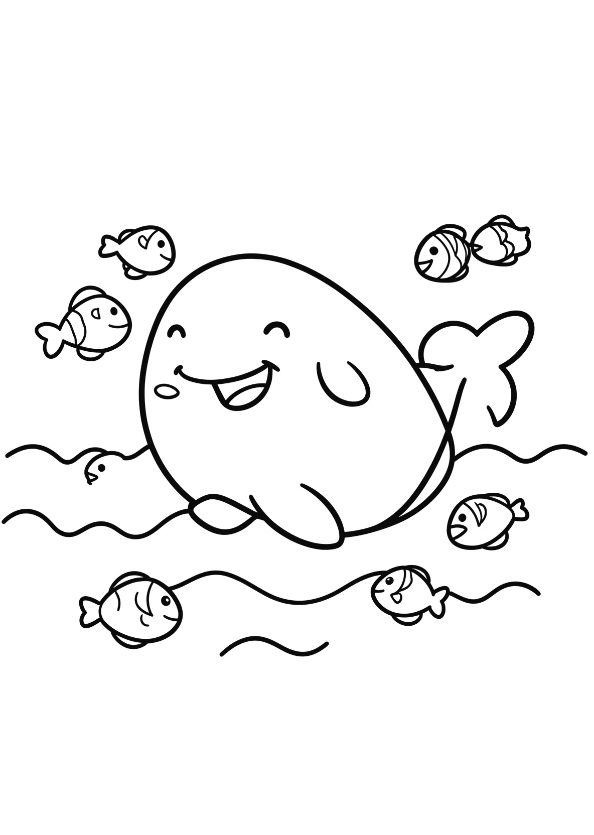 Ausmalbild Wal schwimmt im Ozean mit kleinen Fischen - Ausmalbild aus der Kategorie Tiere - kostenlos ausdrucken