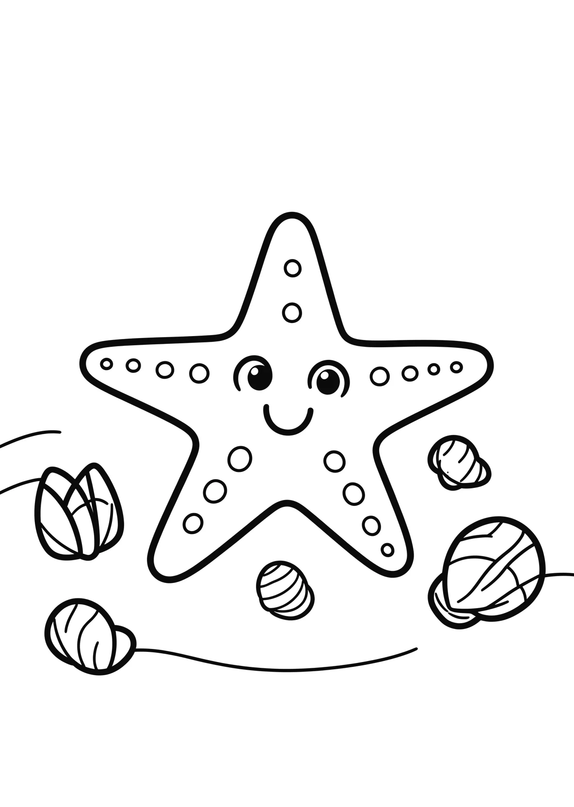Ausmalbild Seestern liegt auf dem Meeresboden mit Muscheln - Ausmalbild aus der Kategorie Natur - kostenlos ausdrucken