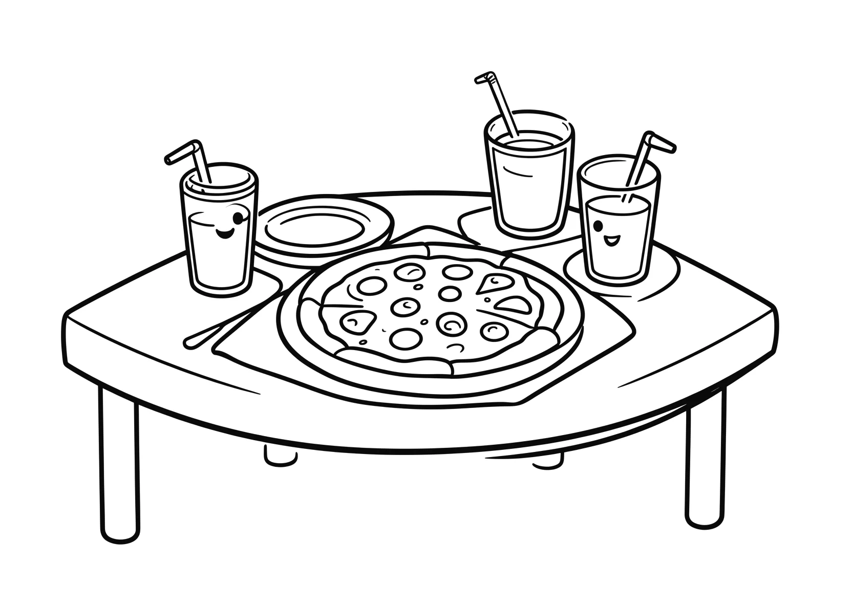 Ausmalbild Tisch mit Pizza, Getränken und Tellern - Ausmalbild aus der Kategorie Essen - kostenlos ausdrucken