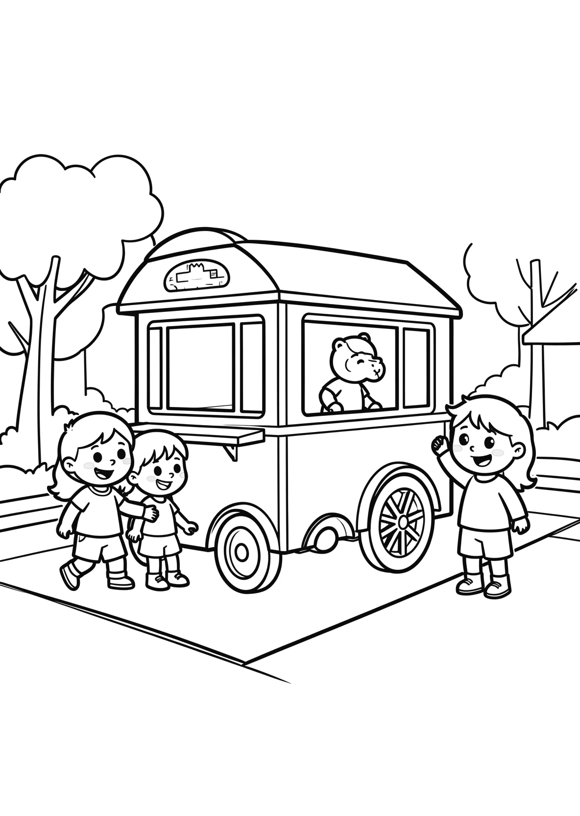 Ausmalbild Eiswagen steht auf einer Straße mit Kindern - Ausmalbild aus der Kategorie Essen - kostenlos ausdrucken