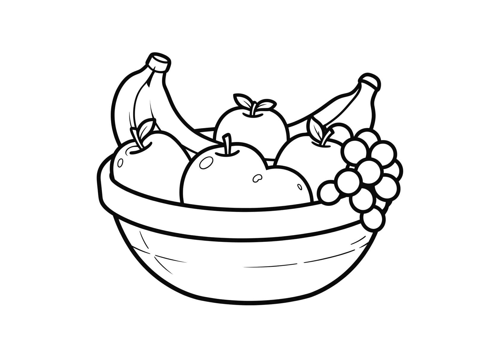 Ausmalbild Obstschale mit Bananen, Äpfeln und Trauben - Ausmalbild aus der Kategorie Essen - kostenlos ausdrucken