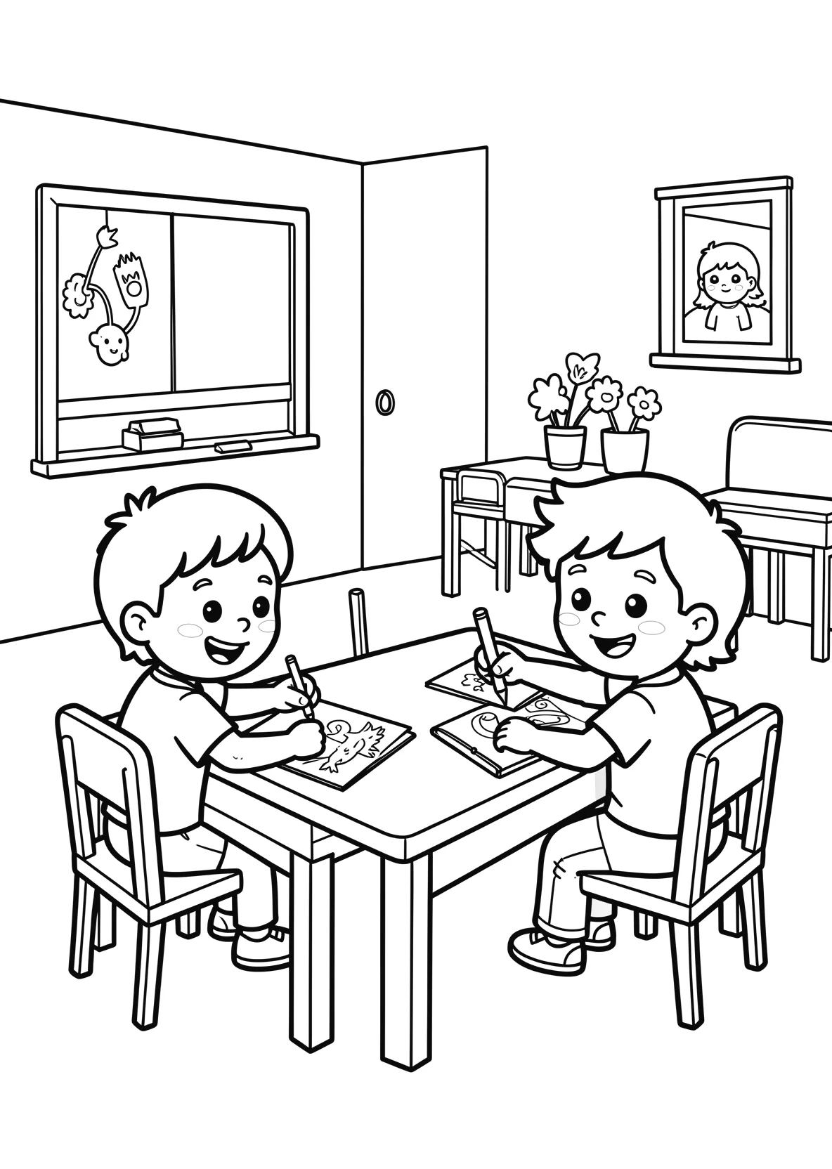 Ausmalbild Kinder sitzen an Tischen - Ausmalbild aus der Kategorie Berufe - kostenlos ausdrucken