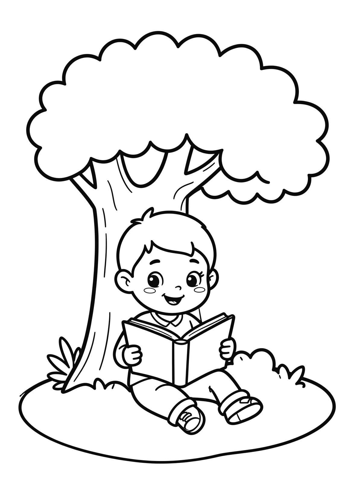 Ausmalbild Kind liest ein Buch unter einem Baum - Ausmalbild aus der Kategorie Natur - kostenlos ausdrucken