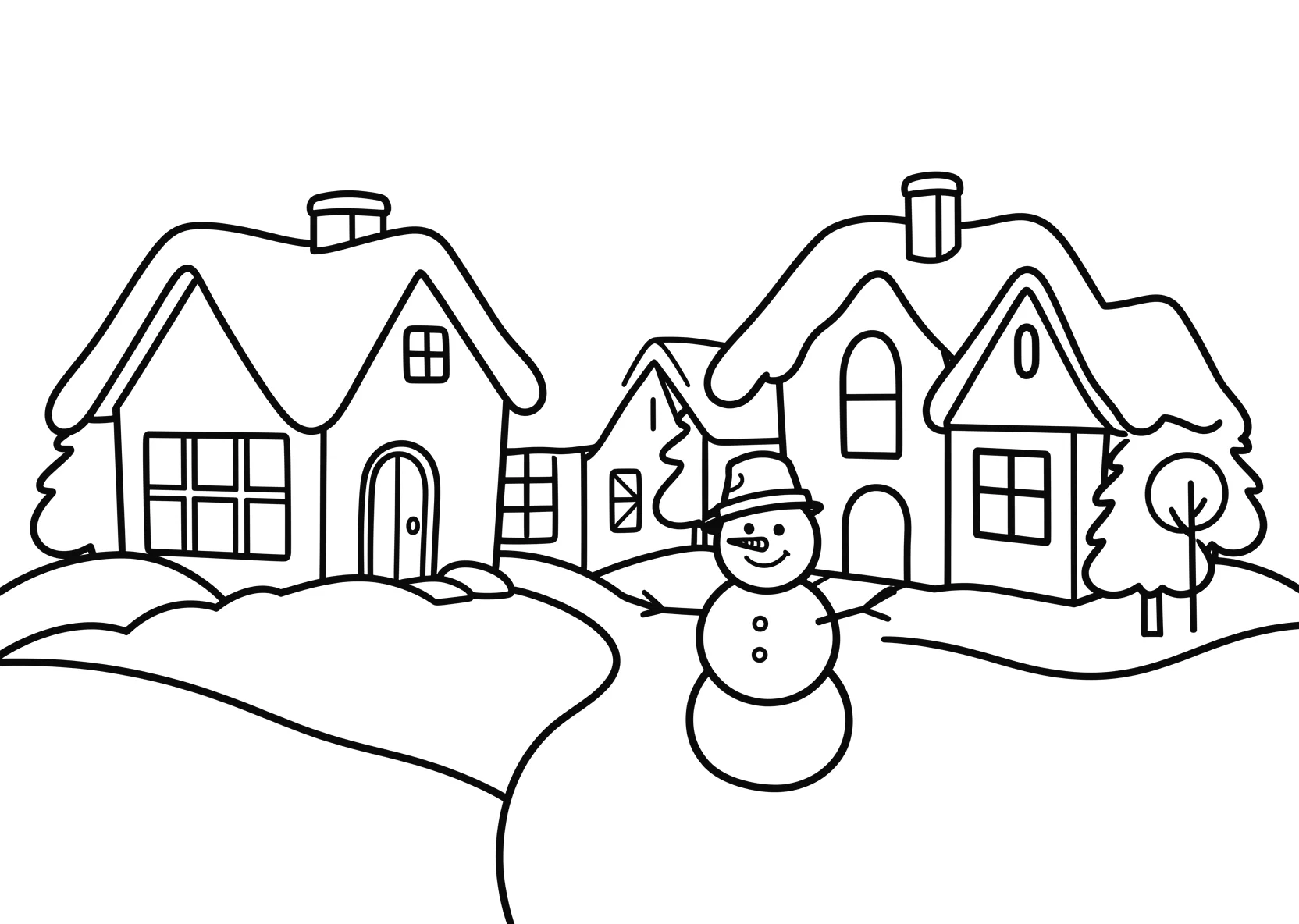 Ausmalbild Winterdorf mit Schnee, Häusern und Schneemann - Ausmalbild aus der Kategorie Natur - kostenlos ausdrucken