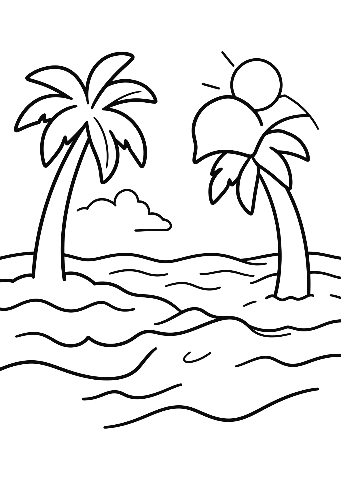 Ausmalbild Sommerstrand mit Palmen, Sonne und Wellen - Ausmalbild aus der Kategorie Natur - kostenlos ausdrucken