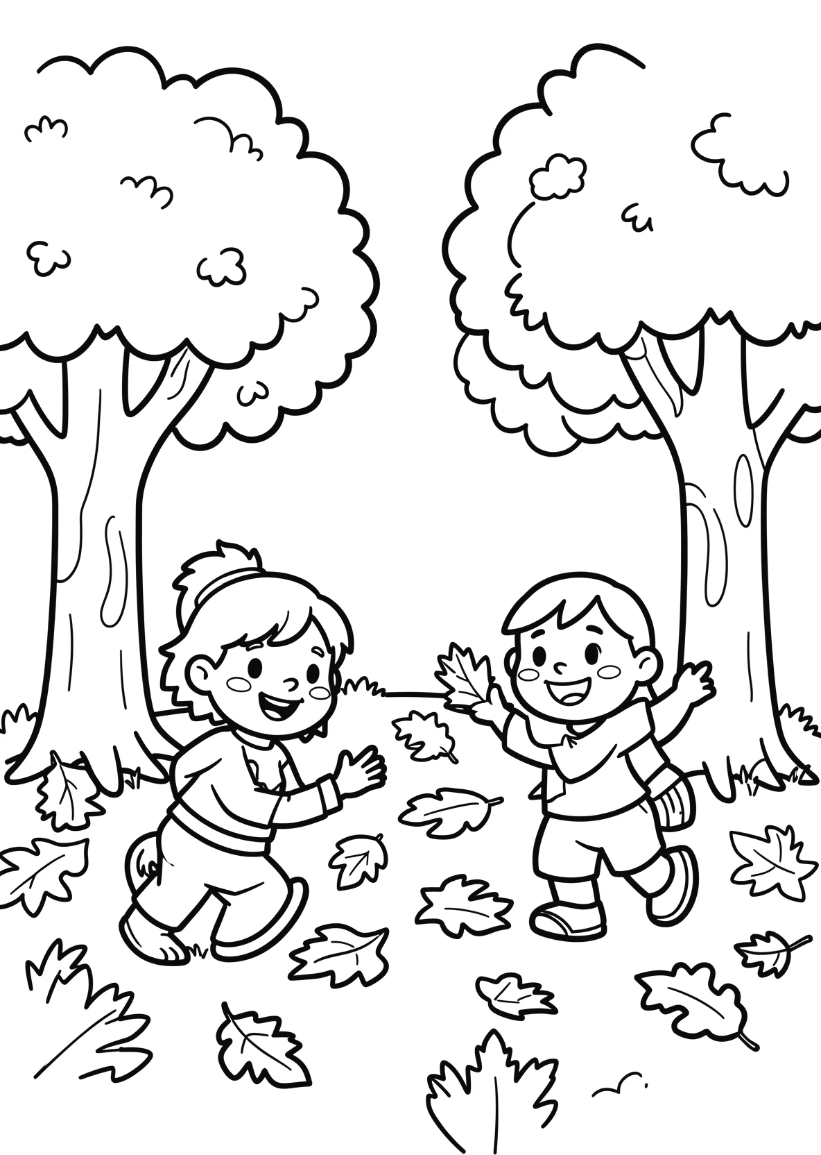 Ausmalbild Kinder spielen im Herbstlaub unter Bäumen - Ausmalbild aus der Kategorie Natur - kostenlos ausdrucken