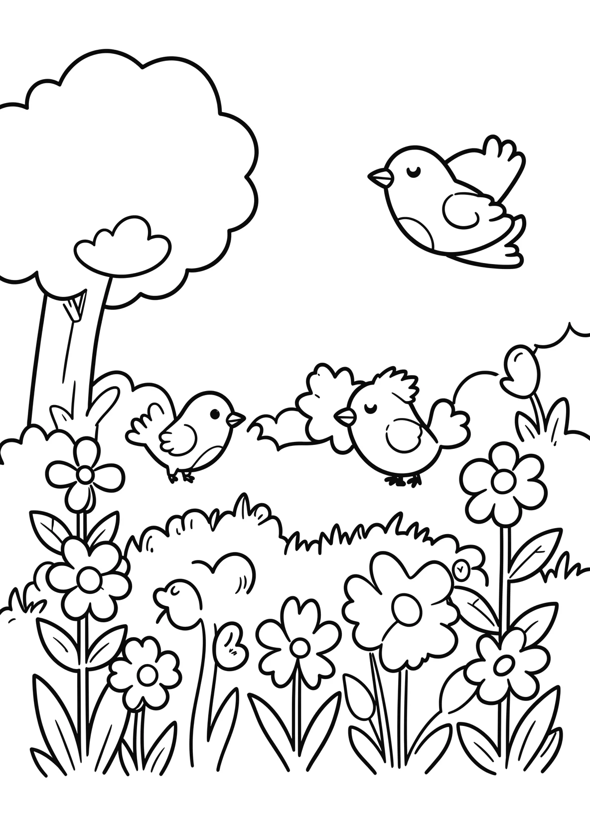 Ausmalbild Garten im Frühling mit Blumen und Vögeln - Ausmalbild aus der Kategorie Natur - kostenlos ausdrucken