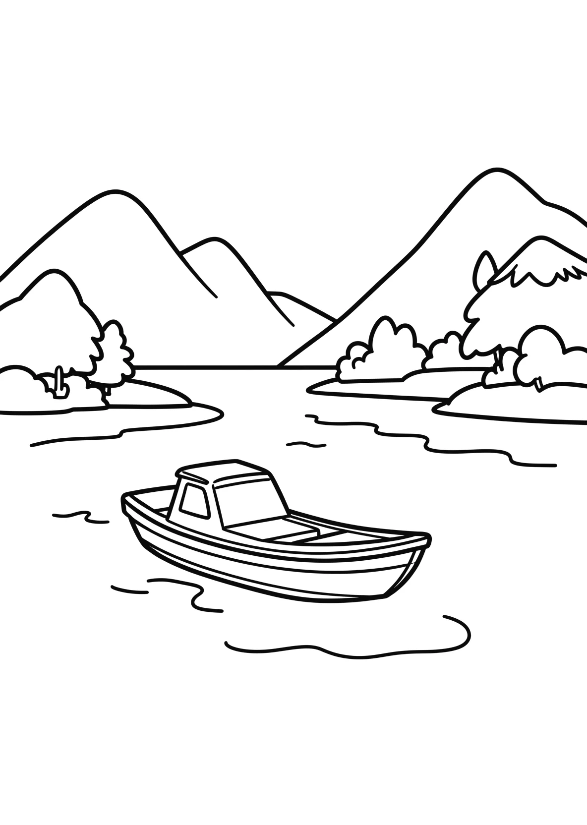 Ausmalbild See im Sommer mit Boot und Bergen - Ausmalbild aus der Kategorie Natur - kostenlos ausdrucken