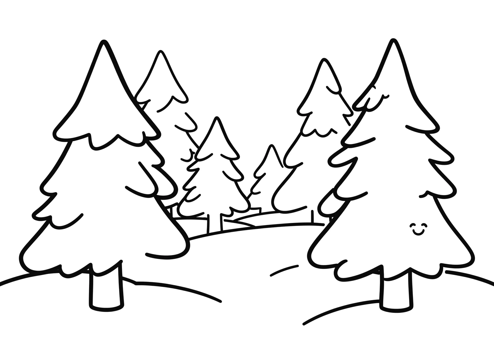 Ausmalbild Verschneiter Wald mit Tannenbäumen - Ausmalbild aus der Kategorie Natur - kostenlos ausdrucken