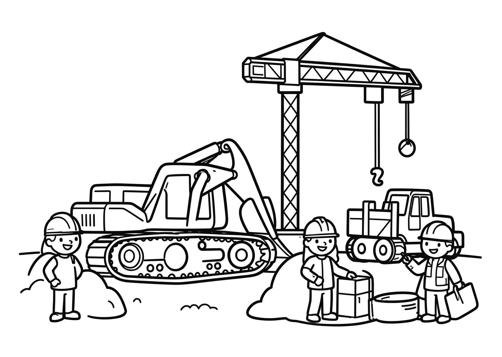 Ausmalbild Baustelle mit Bagger, Kran und Bauarbeitern - Ausmalbild aus der Kategorie Berufe - kostenlos ausdrucken