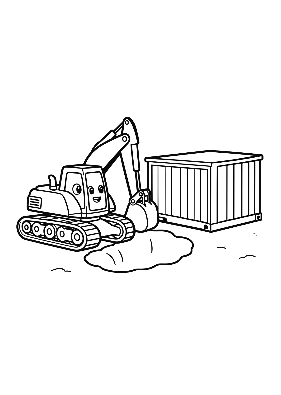 Ausmalbild Bagger gräbt ein Loch neben einem Baucontainer - Ausmalbild aus der Kategorie Fahrzeuge - kostenlos ausdrucken