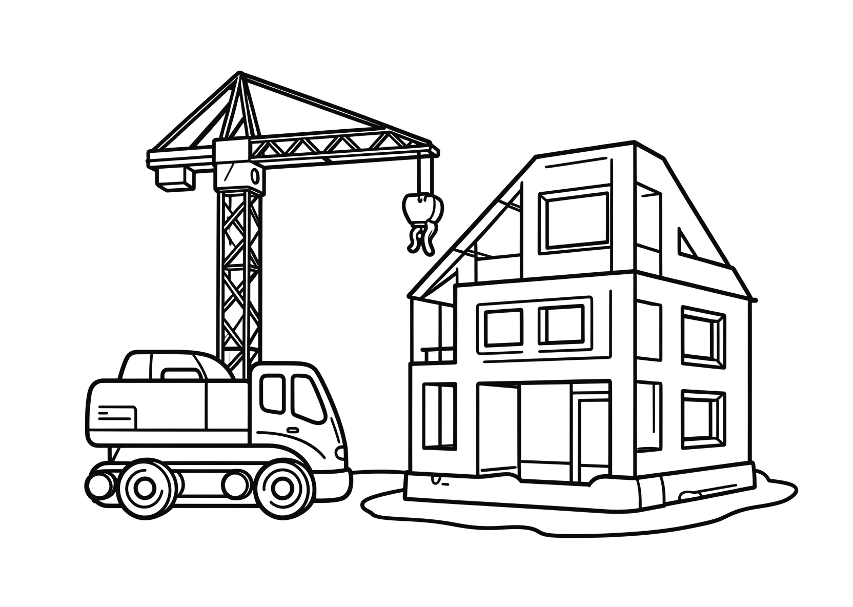 Ausmalbild Kran steht neben einem halbfertigen Gebäude - Ausmalbild aus der Kategorie Fahrzeuge - kostenlos ausdrucken