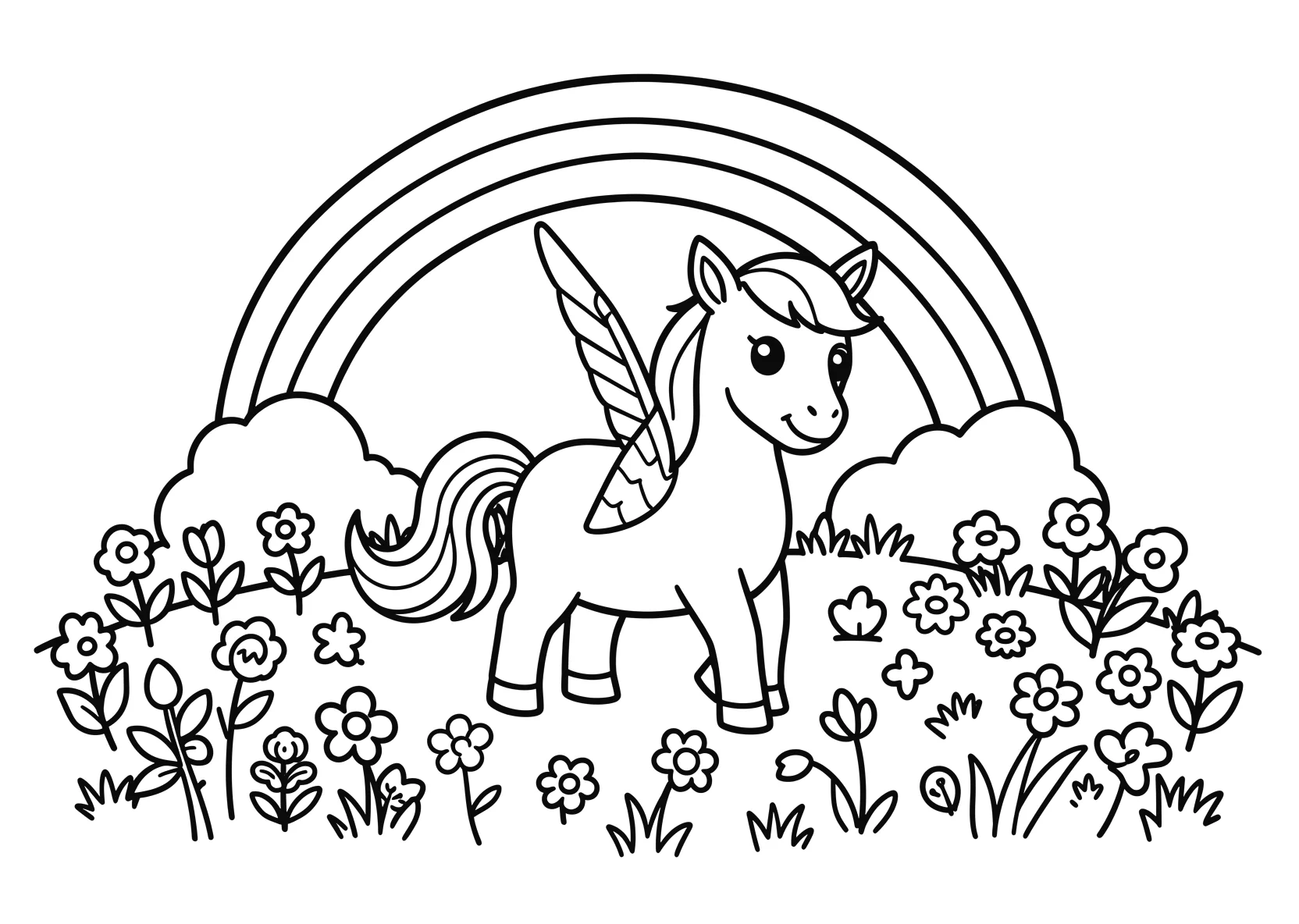 Ausmalbild Einhorn auf einer Blumenwiese mit Regenbogen - Ausmalbild aus der Kategorie Natur - kostenlos ausdrucken