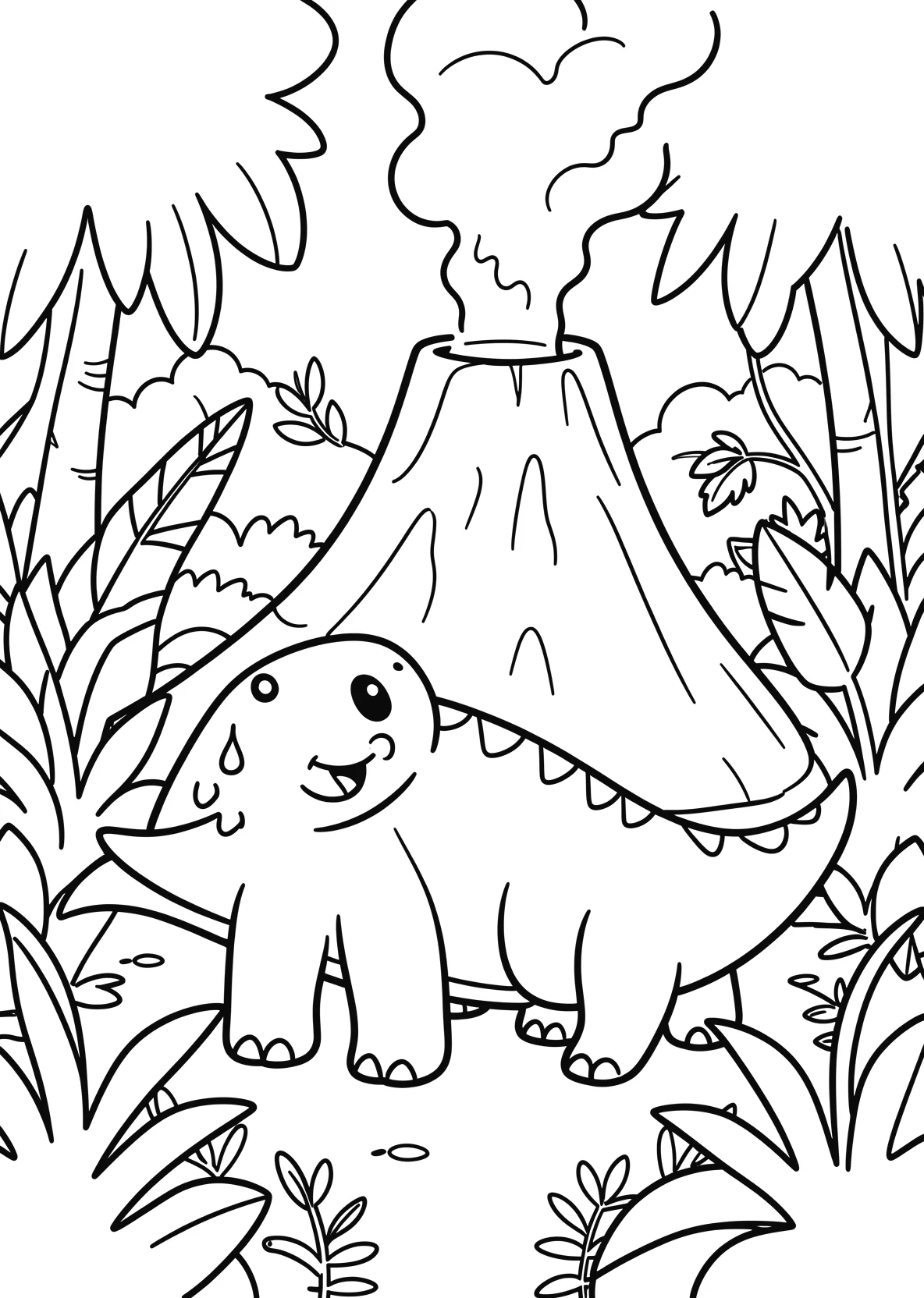 Ausmalbild Dinosaurier im Dschungel mit Vulkan - Ausmalbild aus der Kategorie Tiere - kostenlos ausdrucken