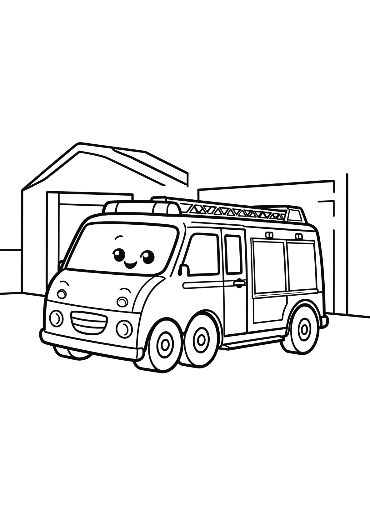 Ausmalbild Feuerwehrauto vor einer Feuerwehrstation - Ausmalbild aus der Kategorie Fahrzeuge - kostenlos ausdrucken