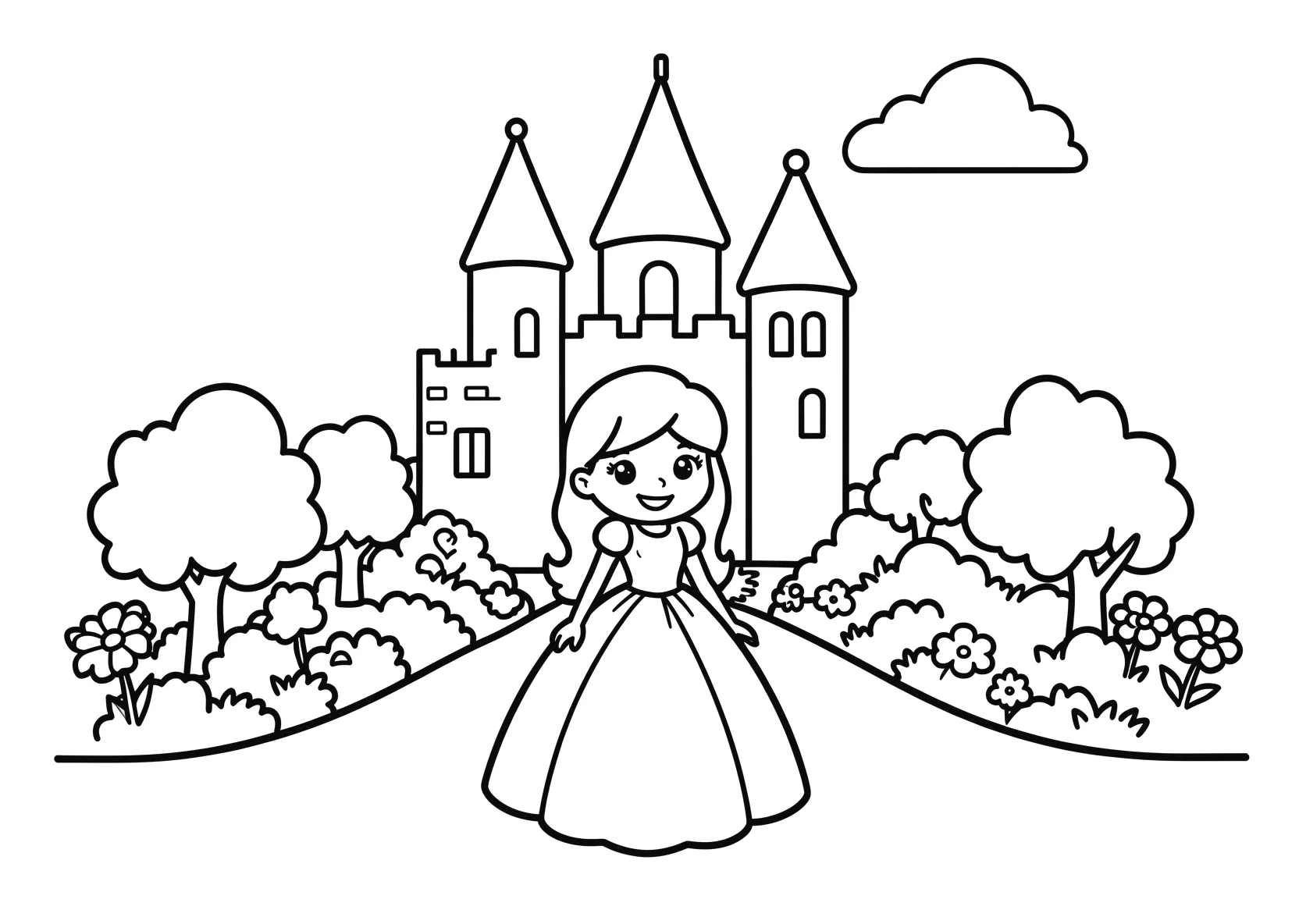 Ausmalbild Prinzessin vor einem Schloss mit Garten - Ausmalbild aus der Kategorie Maerchen - kostenlos ausdrucken