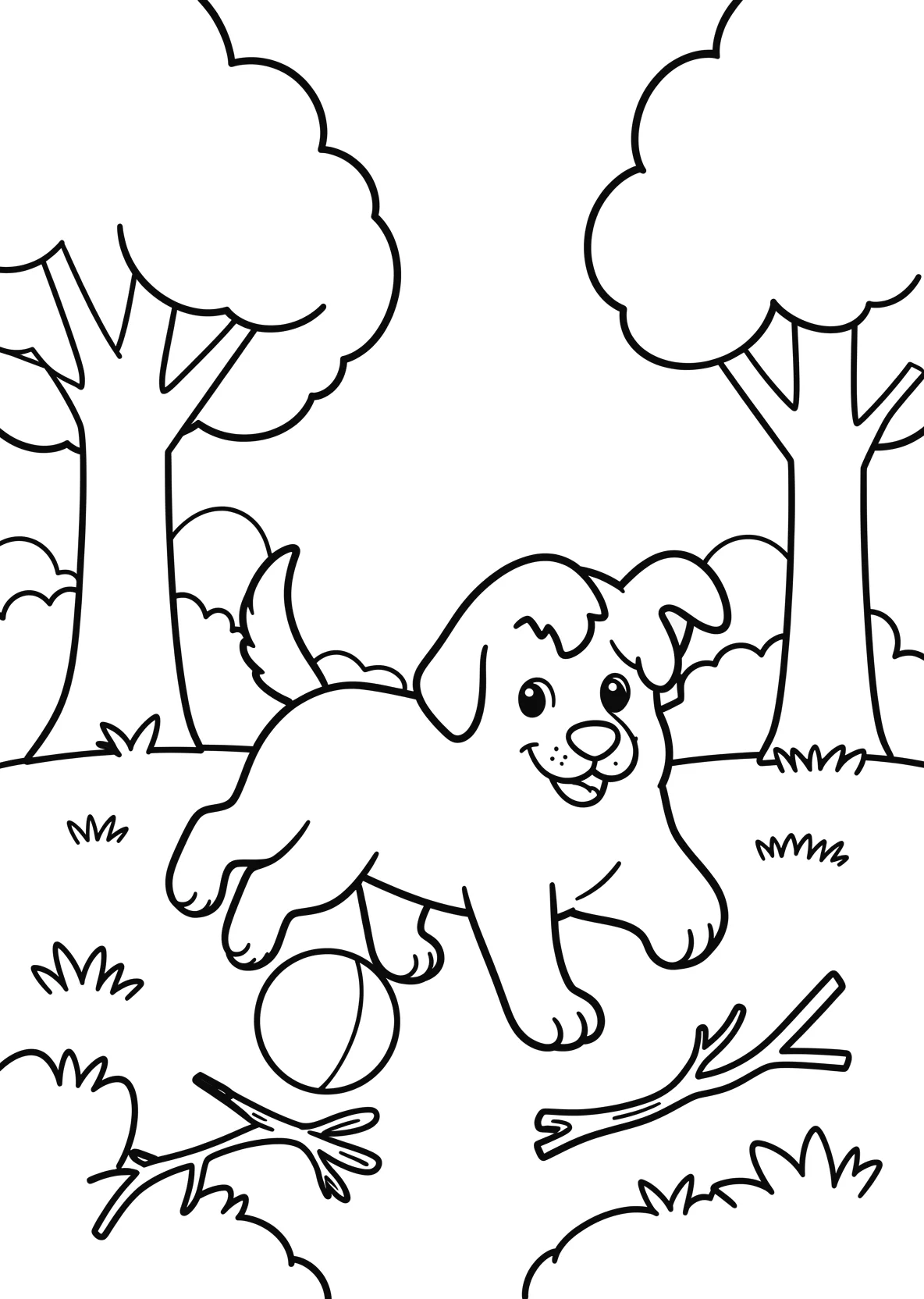 Ausmalbild Hund spielt im Park mit Ball und Ästen - Ausmalbild aus der Kategorie Tiere - kostenlos ausdrucken