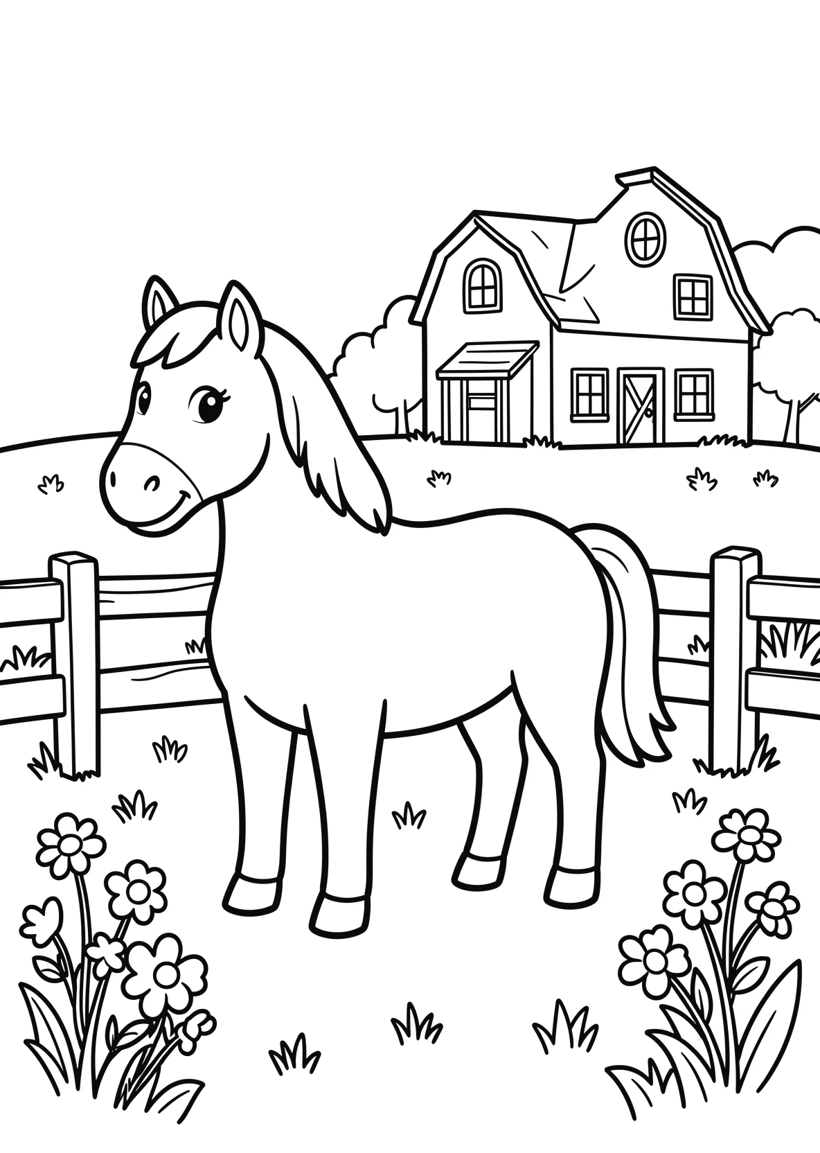 Ausmalbild Pferd steht auf einer Weide mit Zaun - Ausmalbild aus der Kategorie Tiere - kostenlos ausdrucken