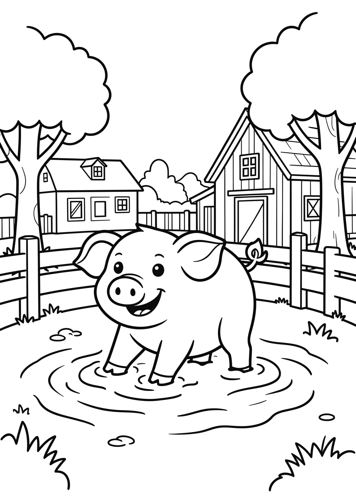 Ausmalbild Schwein spielt fröhlich im Schlamm mit Zaun - Ausmalbild aus der Kategorie Tiere - kostenlos ausdrucken