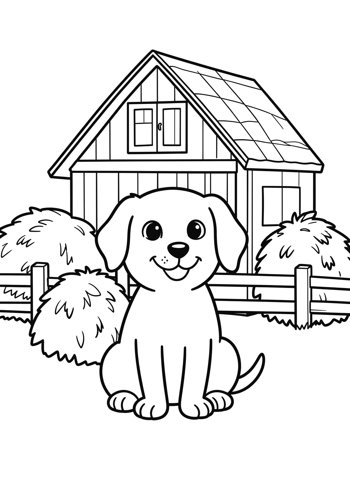 Ausmalbild Bauernhofhund sitzt vor einer Scheune mit - Ausmalbild aus der Kategorie Tiere - kostenlos ausdrucken