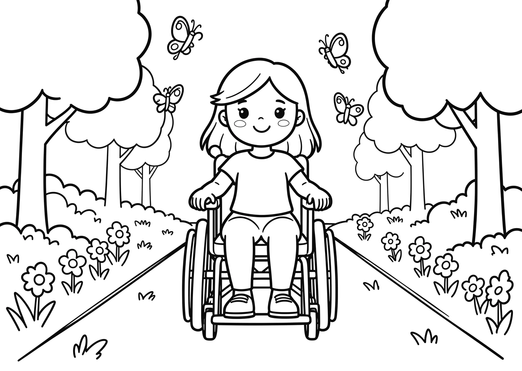 Ausmalbild Mädchen im Rollstuhl fährt über einen Weg im Park - Ausmalbild aus der Kategorie Tiere - kostenlos ausdrucken