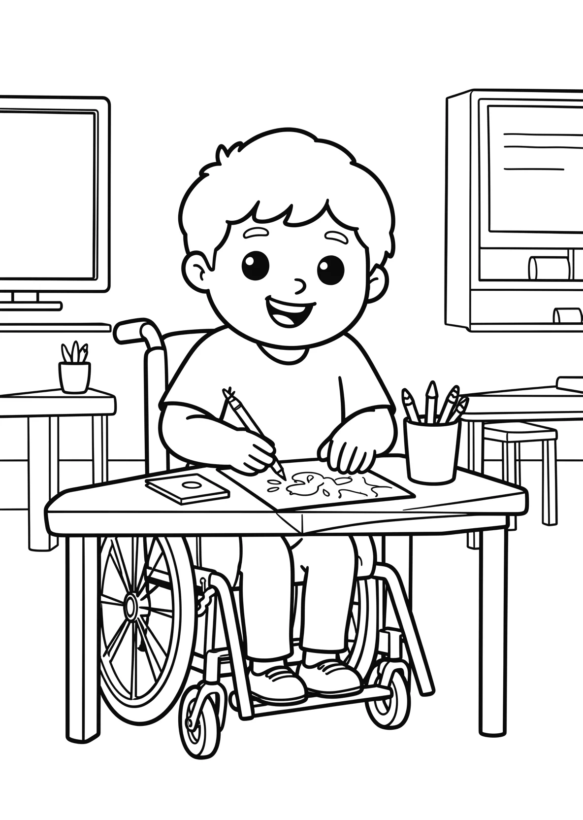 Ausmalbild Junge im Rollstuhl malt ein Bild an einem Tisch - Ausmalbild aus der Kategorie Berufe - kostenlos ausdrucken