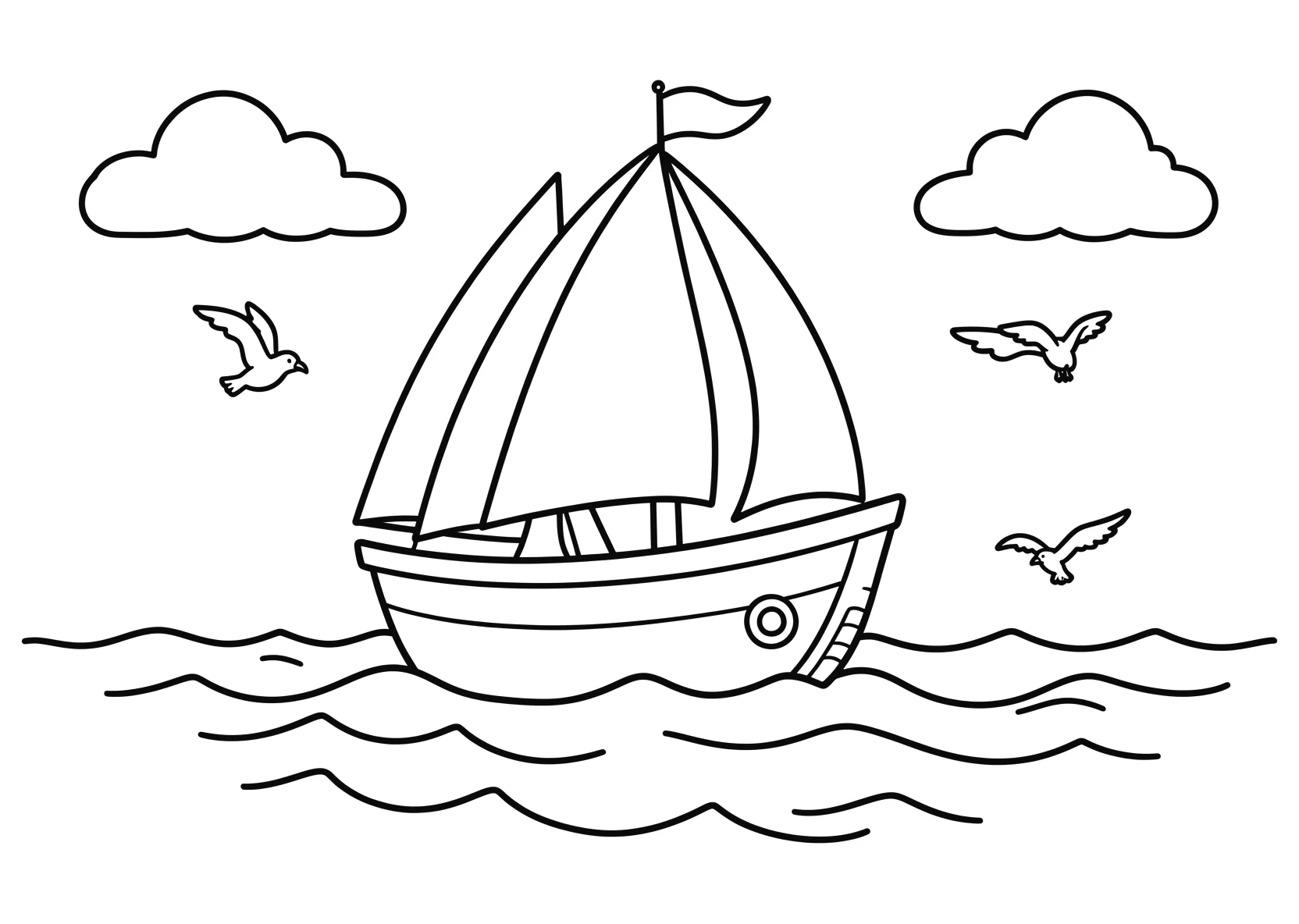 Ausmalbild Großes Segelschiff fährt über das Meer mit Wellen - Ausmalbild aus der Kategorie Fahrzeuge - kostenlos ausdrucken