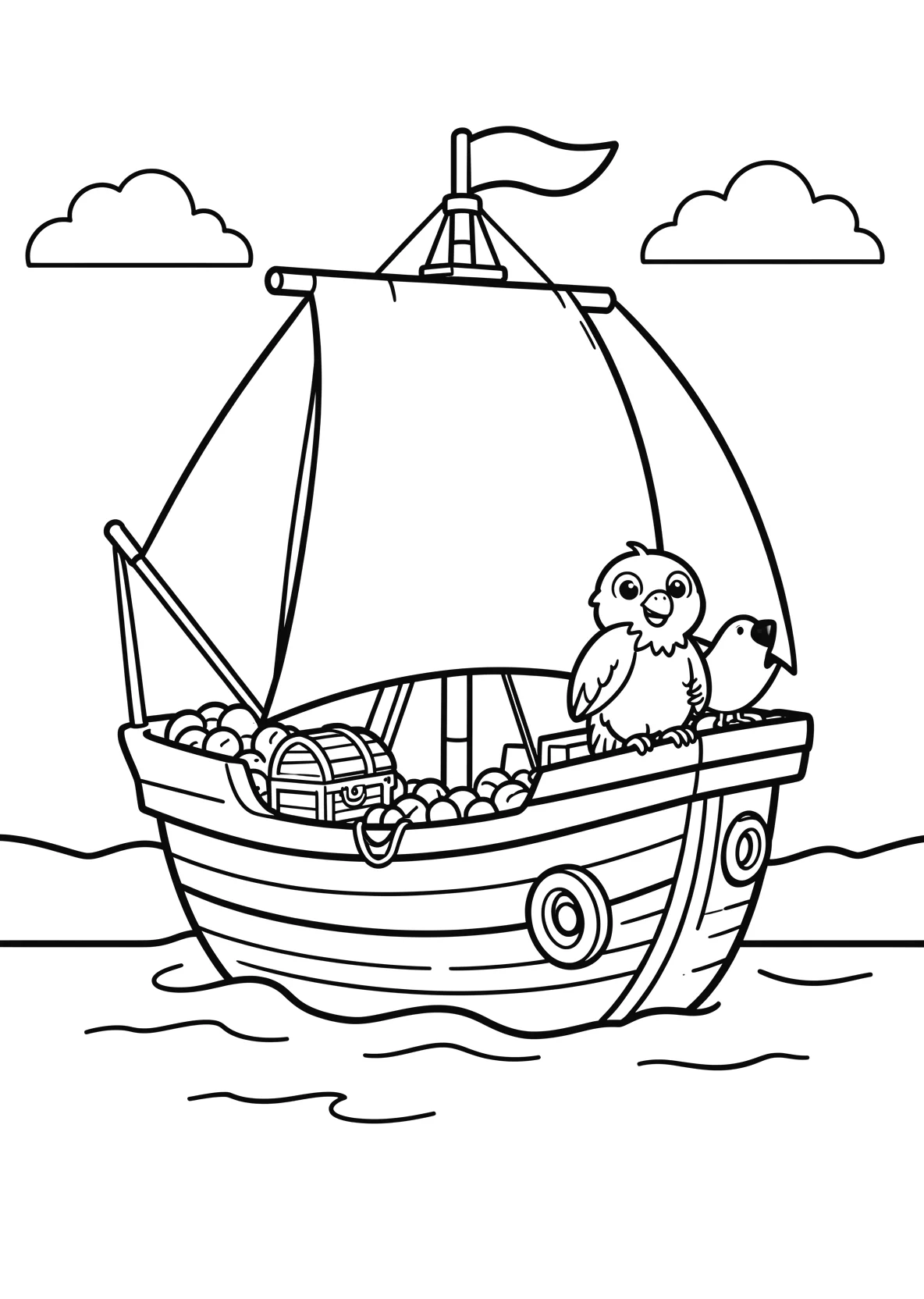 Ausmalbild Piratenschiff mit Schatzkiste - Ausmalbild aus der Kategorie Maerchen - kostenlos ausdrucken