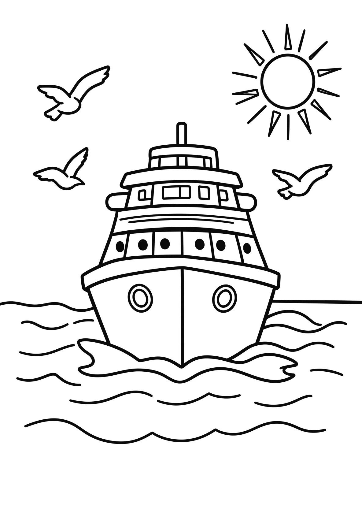 Ausmalbild Kreuzfahrtschiff fährt über den Ozean mit Möwen - Ausmalbild aus der Kategorie Fahrzeuge - kostenlos ausdrucken