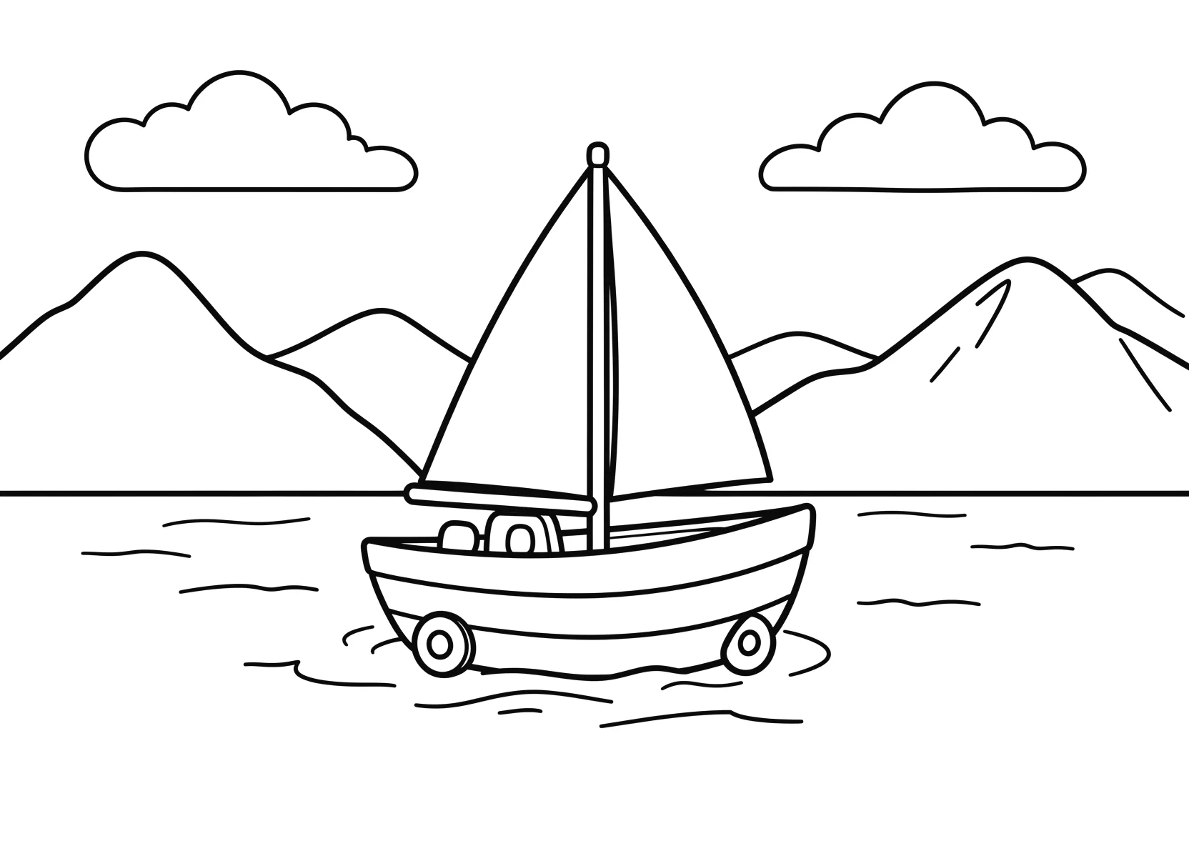 Ausmalbild Kleines Segelboot fährt über einen ruhigen See - Ausmalbild aus der Kategorie Fahrzeuge - kostenlos ausdrucken