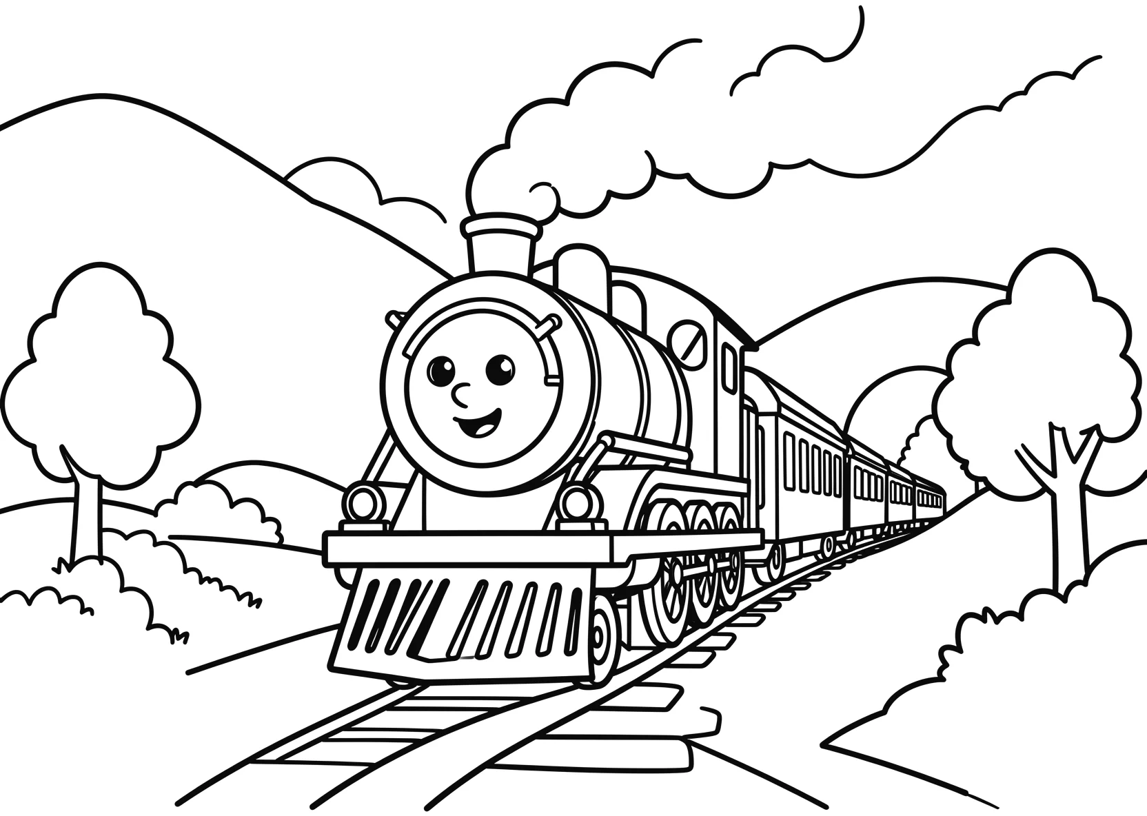 Ausmalbild Dampflokzug fährt durch eine Landschaft mit Tunnel - Ausmalbild aus der Kategorie Fahrzeuge - kostenlos ausdrucken