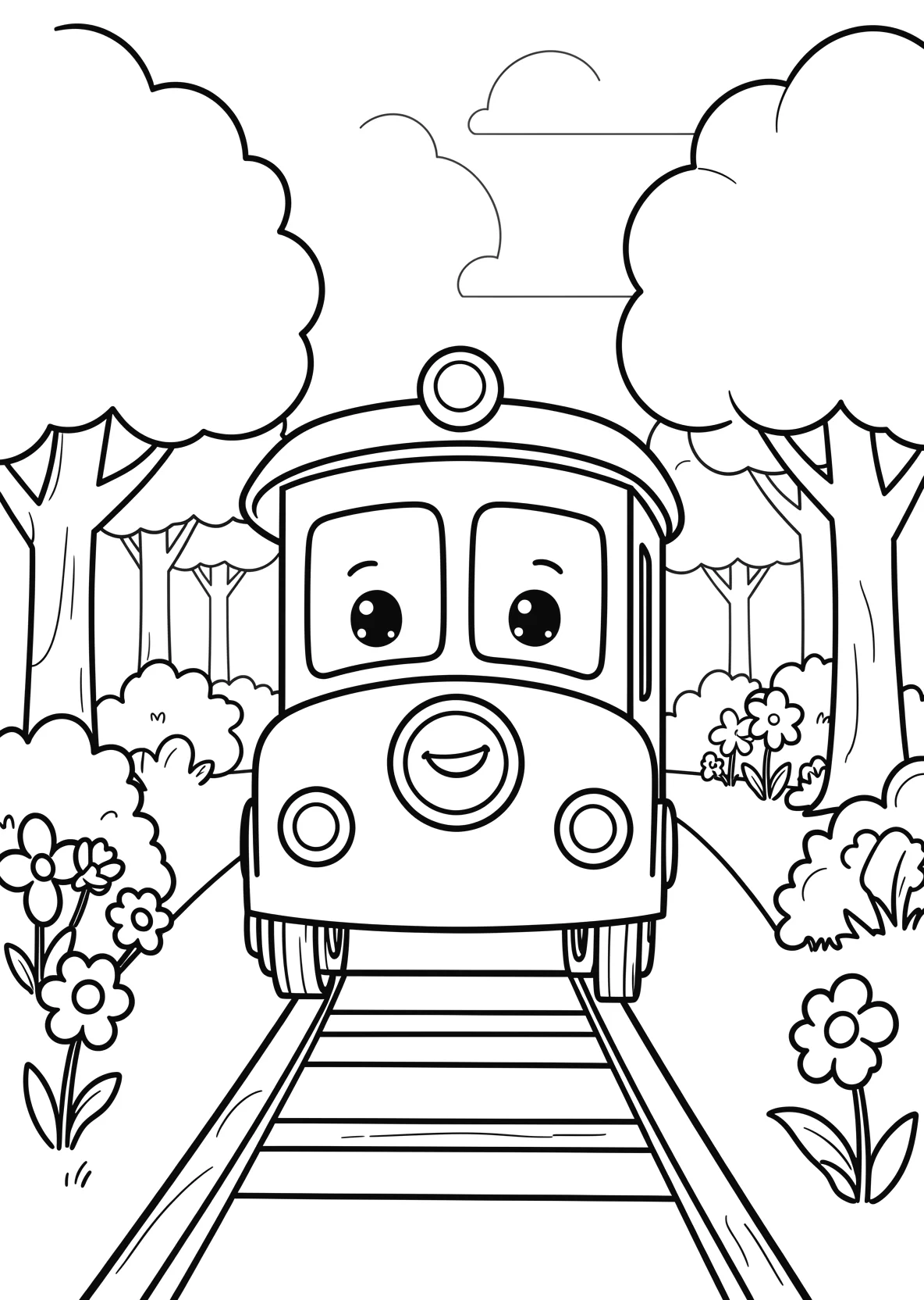 Ausmalbild Kleiner Kinderzug fährt durch einen Park mit - Ausmalbild aus der Kategorie Fahrzeuge - kostenlos ausdrucken