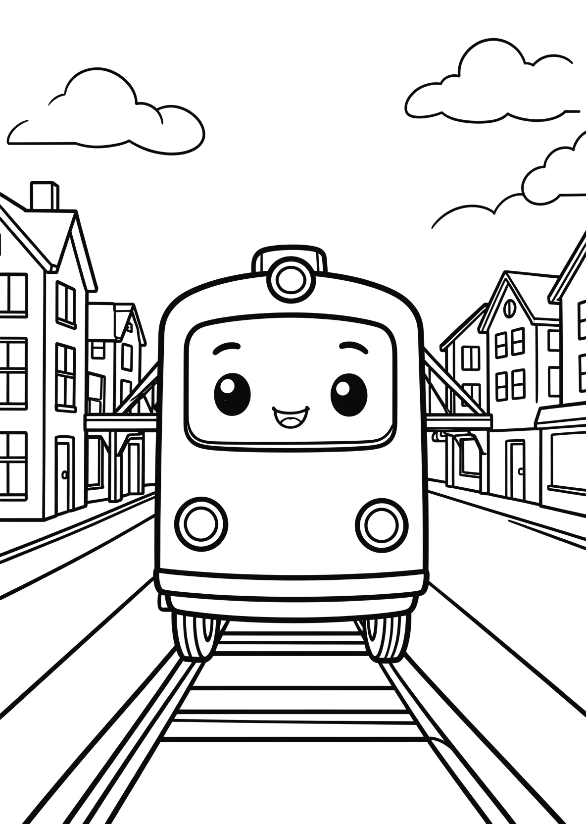 Ausmalbild Zug fährt durch eine Stadt mit Häusern - Ausmalbild aus der Kategorie Fahrzeuge - kostenlos ausdrucken