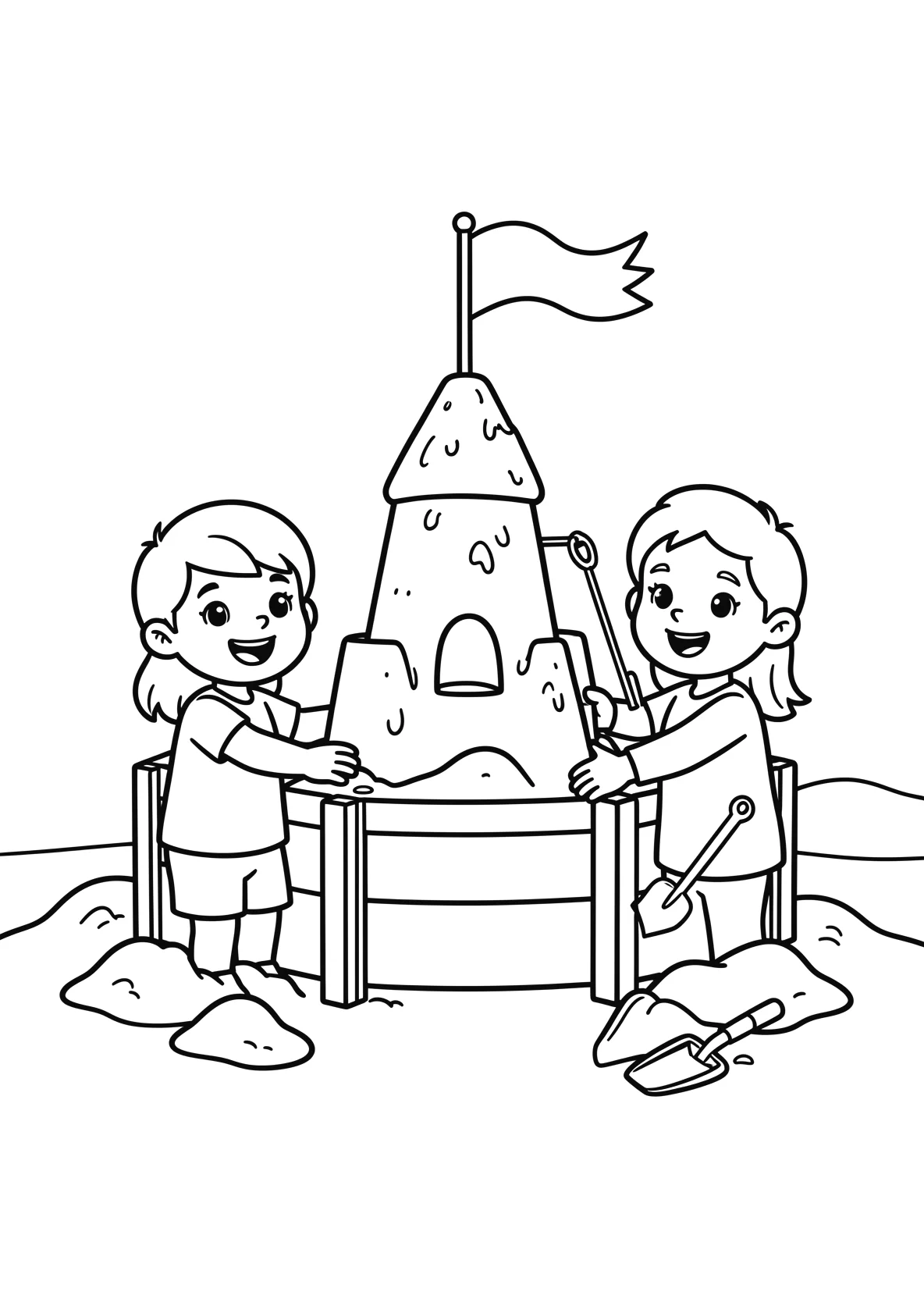 Ausmalbild Kinder bauen eine große Sandburg im Sandkasten - Ausmalbild aus der Kategorie Sport - kostenlos ausdrucken