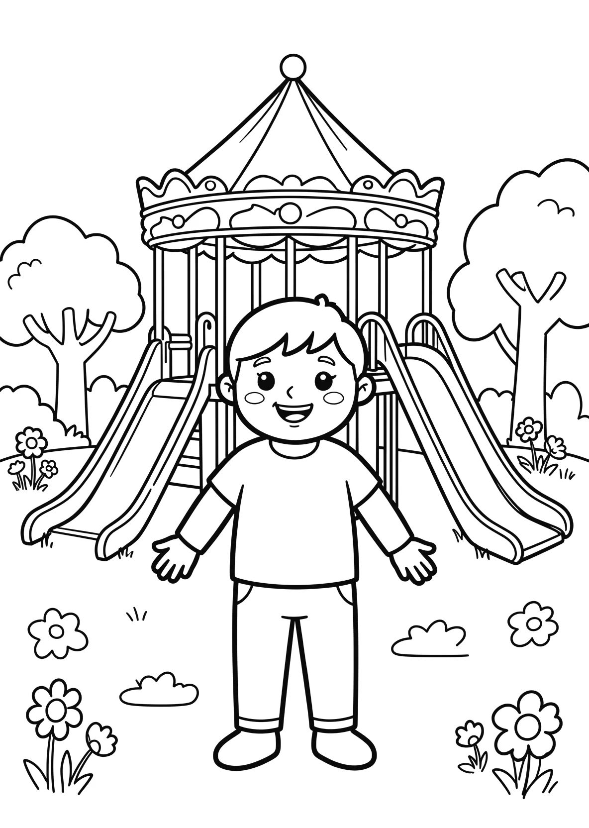 Ausmalbild Spielplatz mit Karussell - Ausmalbild aus der Kategorie Berufe - kostenlos ausdrucken