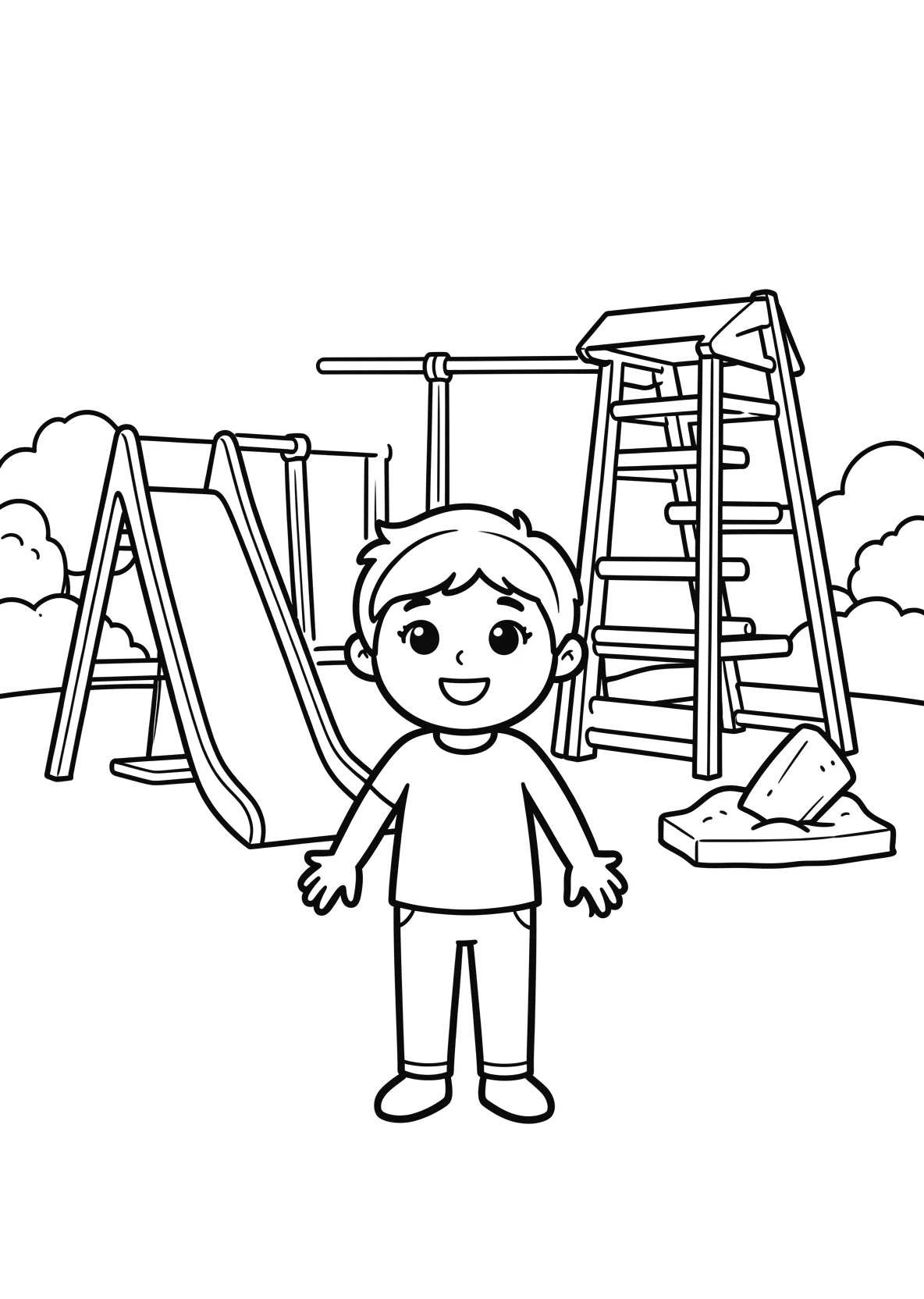 Ausmalbild Großer Spielplatz mit Rutsche - Ausmalbild aus der Kategorie Maerchen - kostenlos ausdrucken