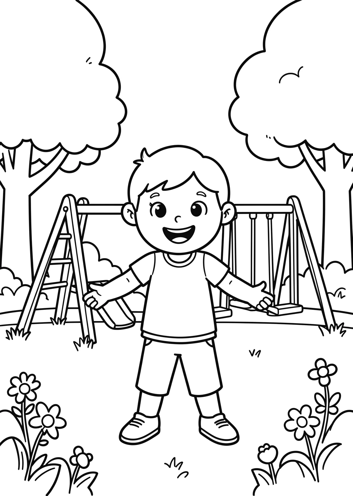 Ausmalbild Kinder spielen Fangen auf einem Spielplatz mit - Ausmalbild aus der Kategorie Sport - kostenlos ausdrucken