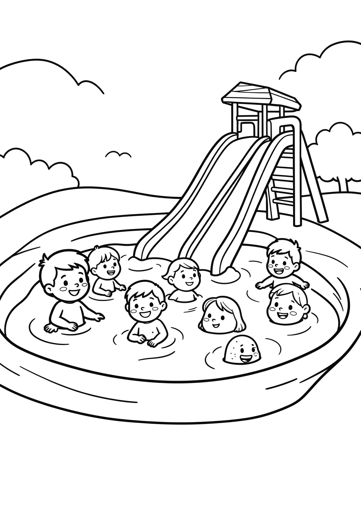 Ausmalbild Freibad mit Becken - Ausmalbild aus der Kategorie Sport - kostenlos ausdrucken