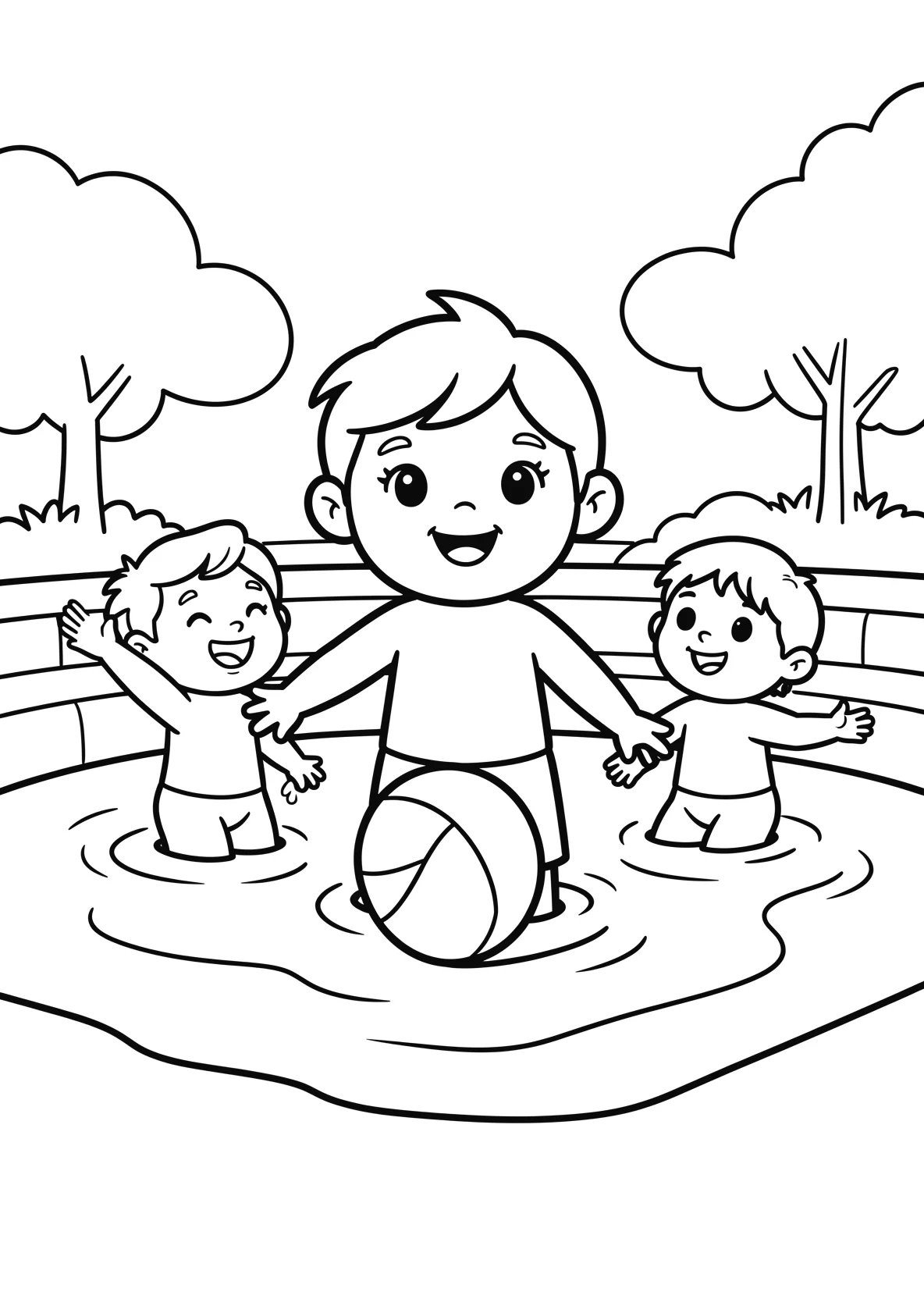 Ausmalbild Kinder spielen im Wasser mit einem Ball im Freibad - Ausmalbild aus der Kategorie Sport - kostenlos ausdrucken