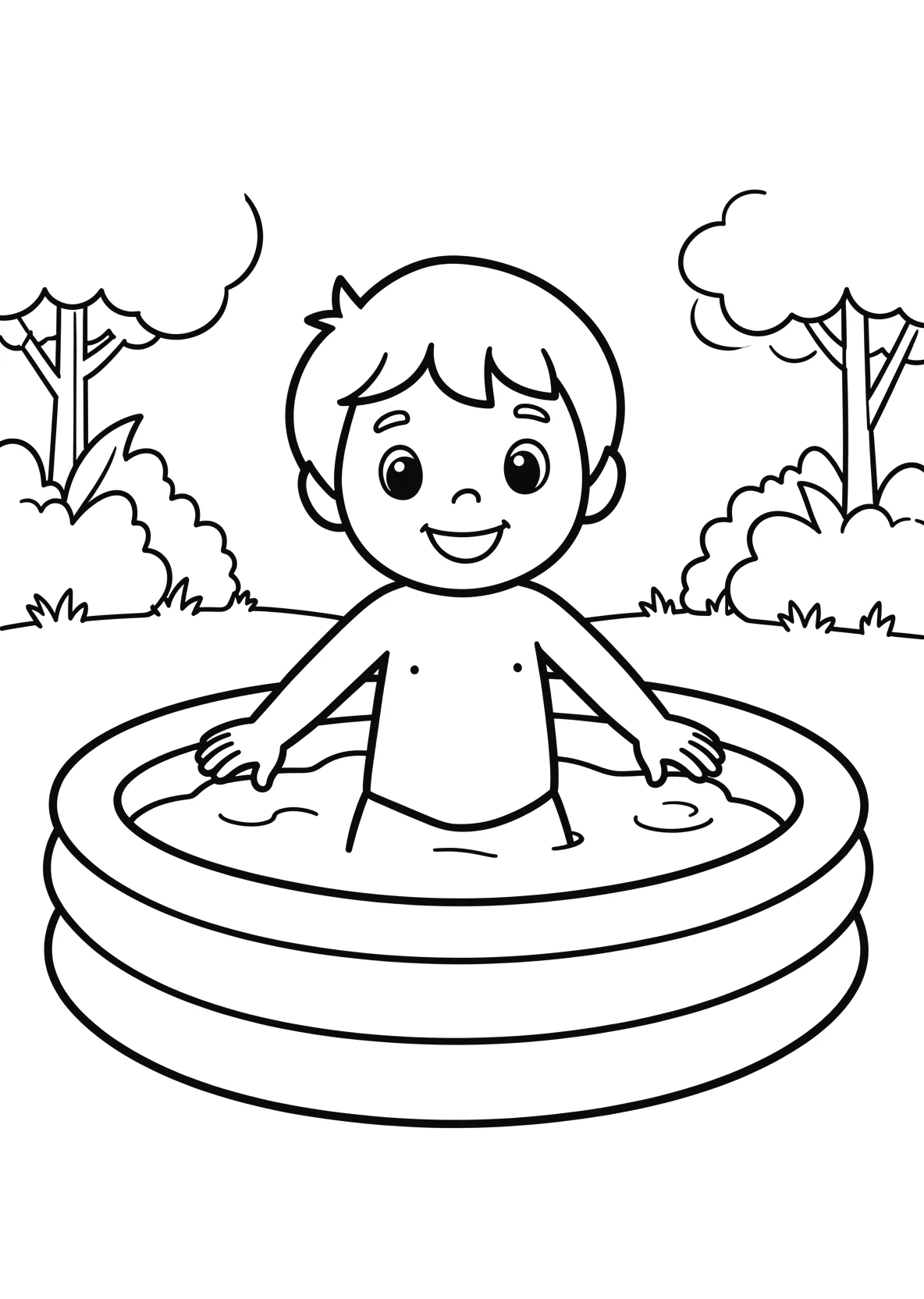 Ausmalbild Kinder planschen im Wasser eines kleinen Pools im - Ausmalbild aus der Kategorie Sport - kostenlos ausdrucken