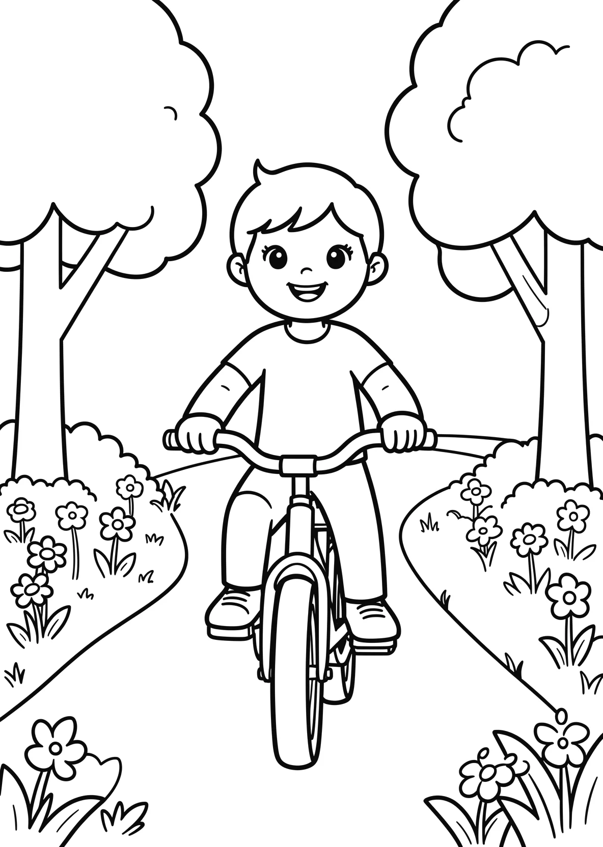 Ausmalbild Kinder fahren Fahrrad in einem Park mit Bäumen - Ausmalbild aus der Kategorie Fahrzeuge - kostenlos ausdrucken