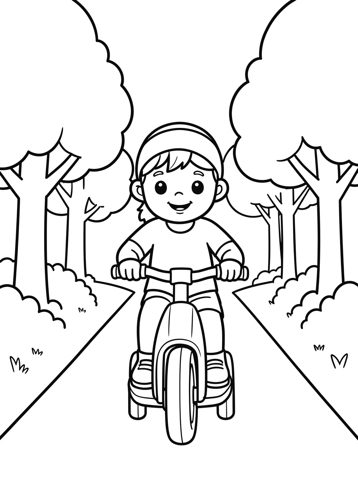 Ausmalbild Kinder fahren Roller auf einem Weg im Park mit - Ausmalbild aus der Kategorie Fahrzeuge - kostenlos ausdrucken