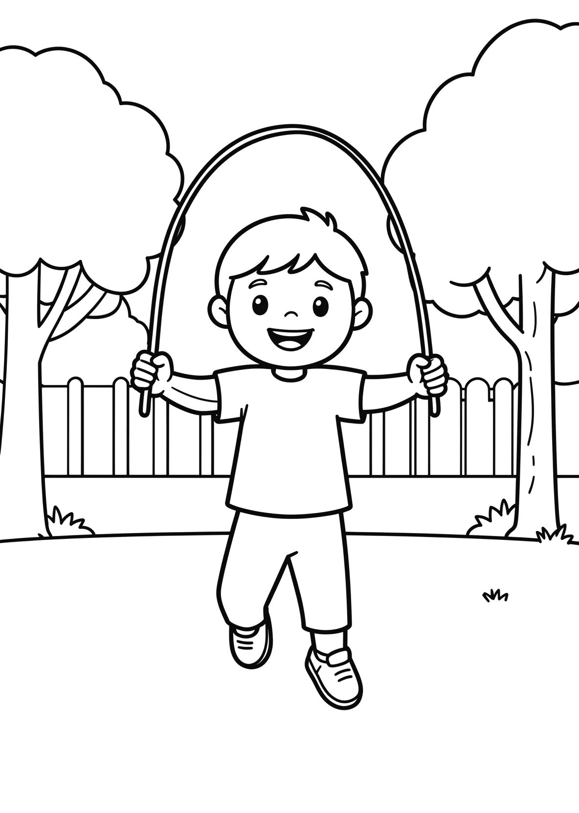 Ausmalbild Kinder springen Seil auf einem Schulhof mit Bäumen - Ausmalbild aus der Kategorie Sport - kostenlos ausdrucken