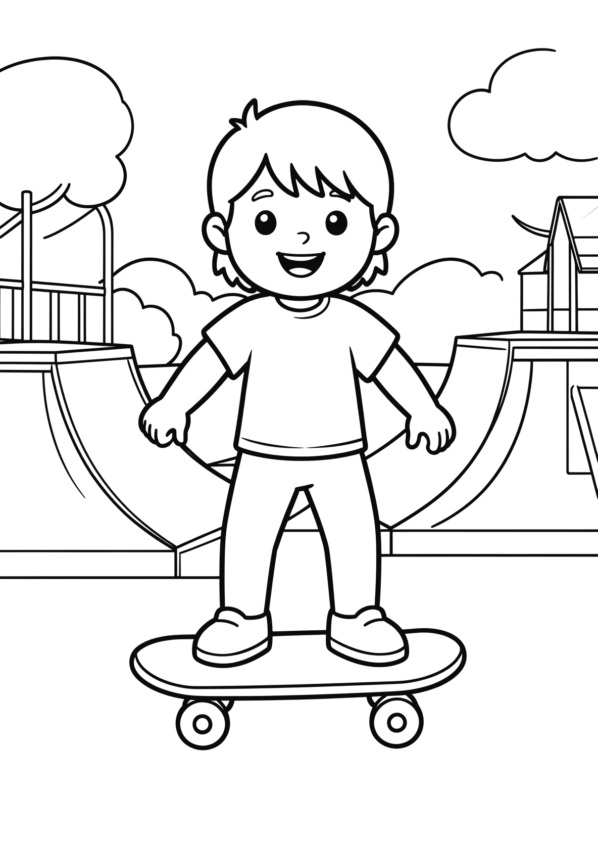 Ausmalbild Kinder fahren Skateboard in einem Park mit Rampen - Ausmalbild aus der Kategorie Fahrzeuge - kostenlos ausdrucken