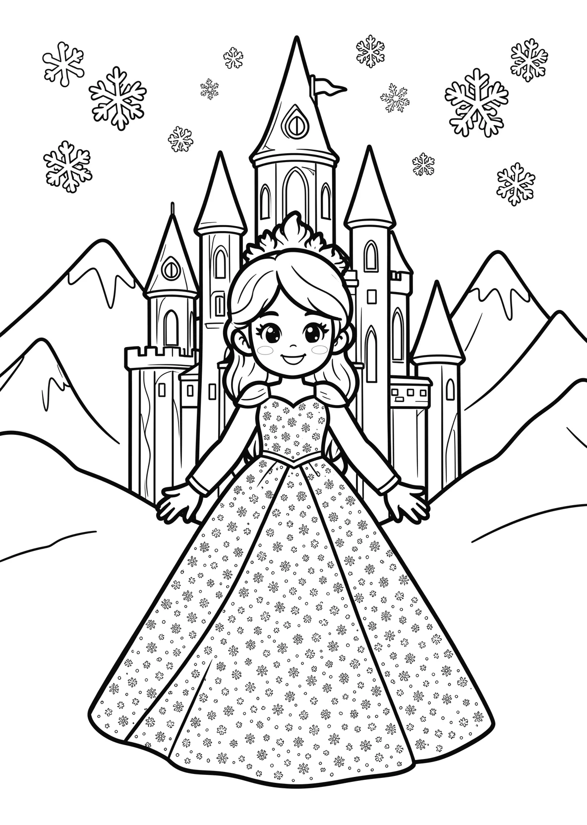 Ausmalbild Freundliche Eisprinzessin mit langem glitzernden - Ausmalbild aus der Kategorie Maerchen - kostenlos ausdrucken