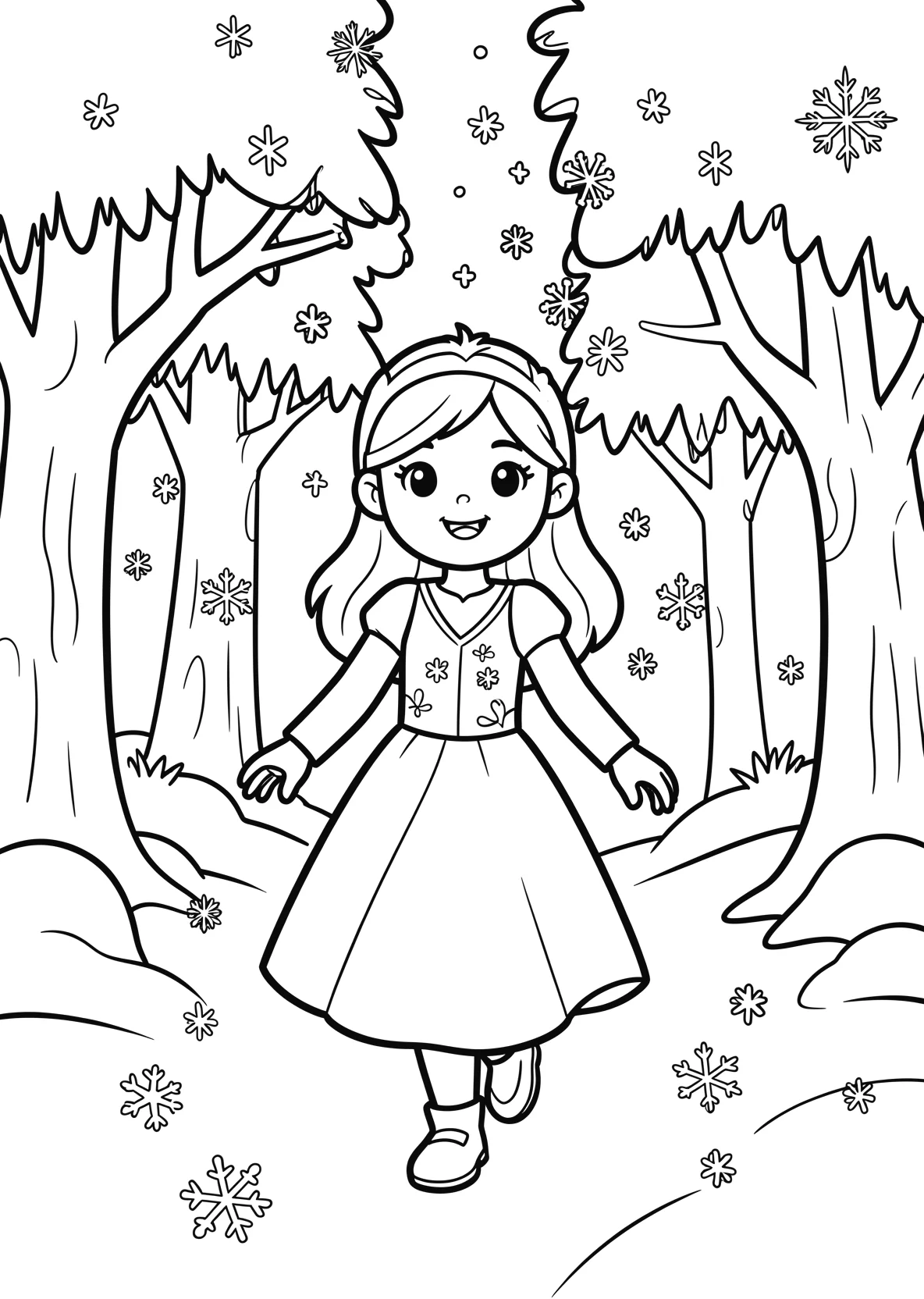 Ausmalbild Junge Eisprinzessin läuft durch einen Winterwald - Ausmalbild aus der Kategorie Maerchen - kostenlos ausdrucken