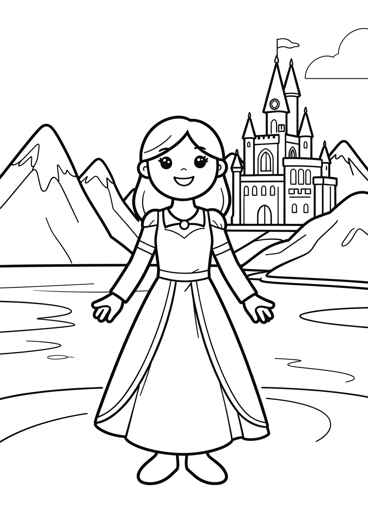 Ausmalbild Eisprinzessin steht auf einem gefrorenen See mit - Ausmalbild aus der Kategorie Maerchen - kostenlos ausdrucken