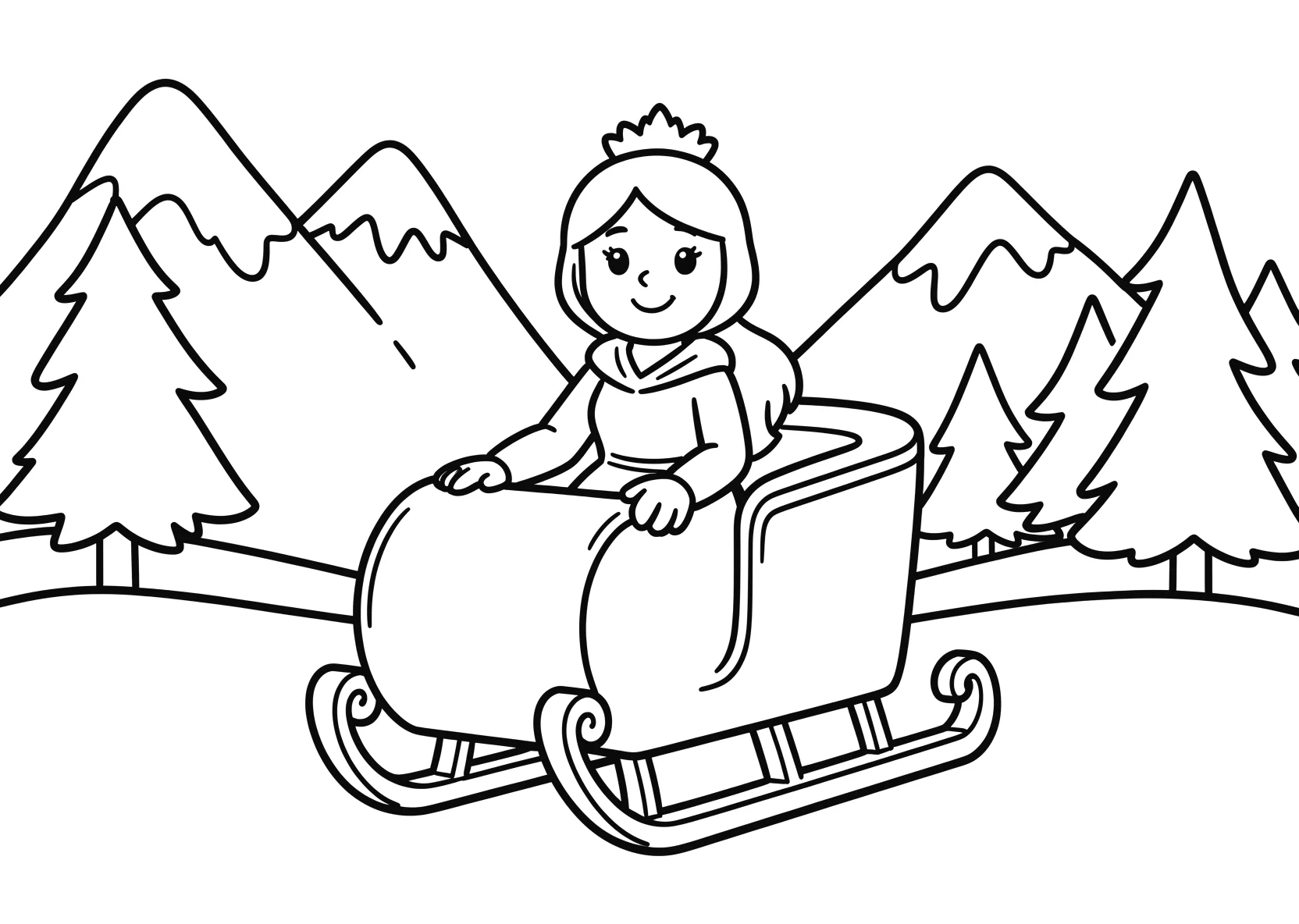 Ausmalbild Eisprinzessin sitzt auf einem Schlitten in einer - Ausmalbild aus der Kategorie Maerchen - kostenlos ausdrucken