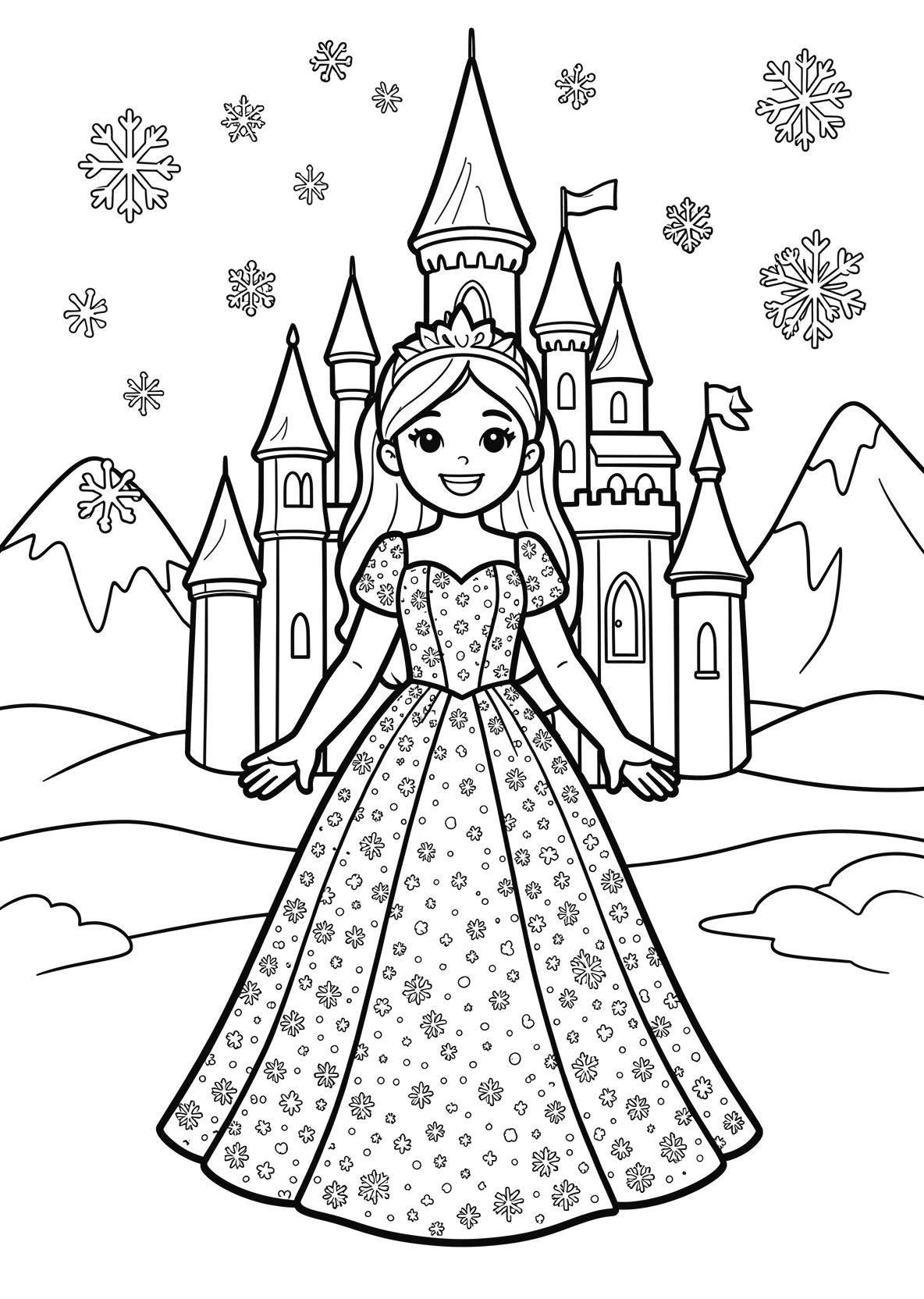 Ausmalbild Freundliche Eisprinzessin mit langem glitzernden - Ausmalbild aus der Kategorie Maerchen - kostenlos ausdrucken