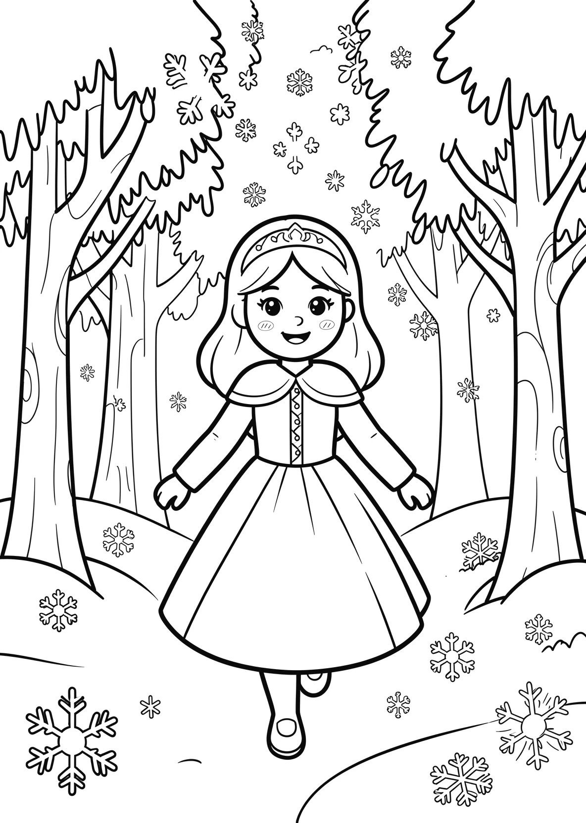 Ausmalbild Junge Eisprinzessin läuft durch einen Winterwald - Ausmalbild aus der Kategorie Maerchen - kostenlos ausdrucken